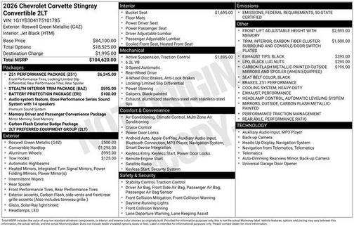 2026 Chevrolet Corvette Stingray w/2LT