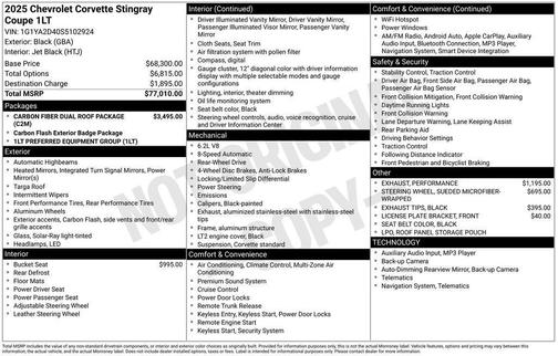 Black 2025 Chevrolet Corvette Stingray w/1LT