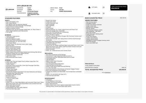 Black 2016 Lexus ES 350 Base
