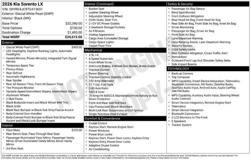 White Pearl 2026 Kia Sorento LX