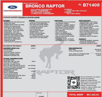 Azure Gray Metallic Tri-Coat 2023 Ford Bronco Raptor