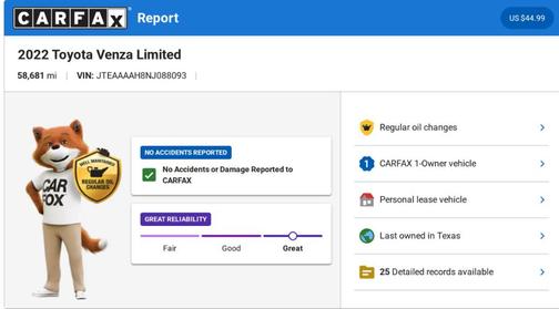 White 2022 Toyota Venza Limited