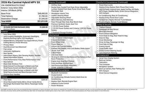 Ivory Silver 2026 Kia Carnival Hybrid SX
