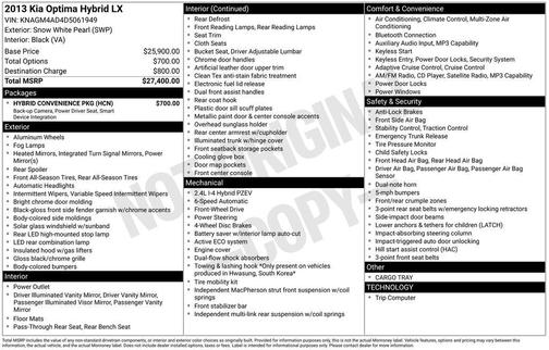 White 2013 Kia Optima Hybrid LX