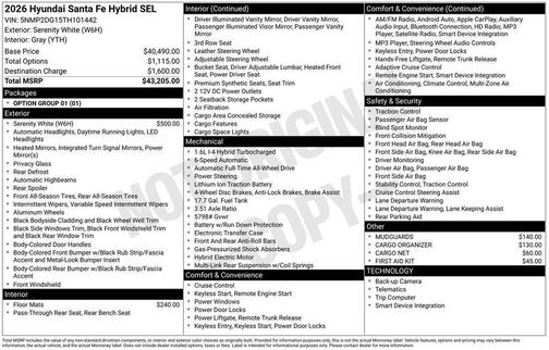 White 2026 Hyundai SANTA FE HEV SEL