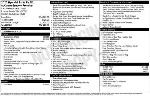 White 2020 Hyundai SANTA FE 2.0T SEL