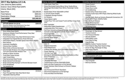 White 2017 Kia Optima LX