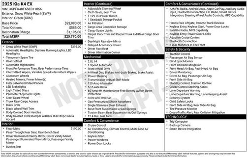 White 2025 Kia K4 EX
