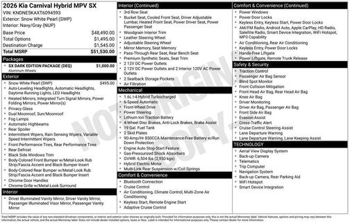 Snow White Pearl 2026 Kia Carnival Hybrid SX