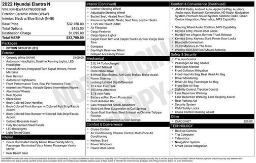 White 2022 Hyundai ELANTRA N Base