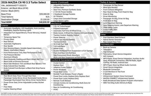 Black 2026 Mazda CX-90 3.3 Turbo Select
