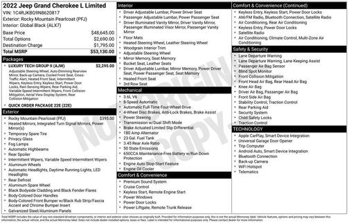 Rocky Mountain Pearlcoat 2022 Jeep Grand Cherokee L Limited
