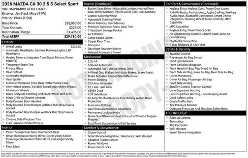 Jet Black Mica 2026 Mazda CX-30 2.5 S Select Sport