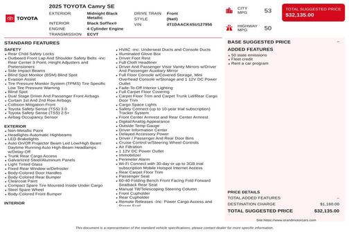 Midnight Black Metallic 2025 Toyota Camry SE