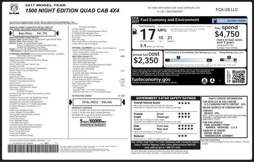 2017 RAM 1500 Night Quad Cab 4x4 6'4' Box