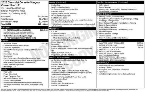 Arctic White 2026 Chevrolet Corvette Stingray w/1LT