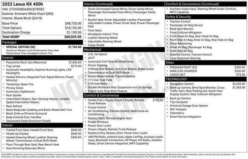 White 2022 Lexus RX 450h Base