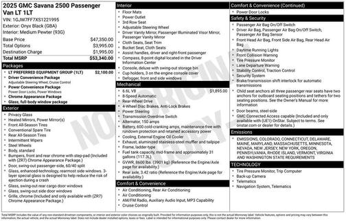 2025 GMC Savana 2500 RWD 2500 Regular Wheelbase LT