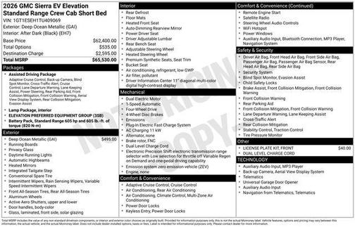 Deep Ocean Metallic 2026 GMC Sierra EV Standard Range Elevation