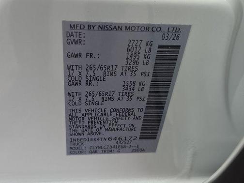 Glacier White 2026 Nissan Frontier SV