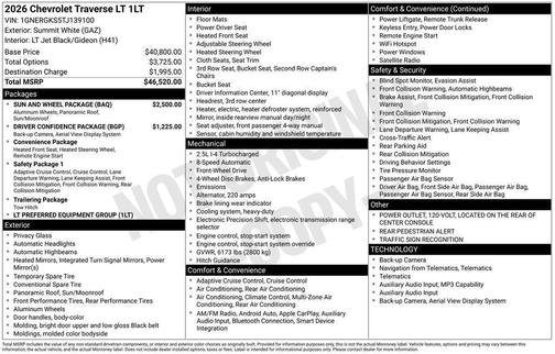 Summit White 2026 Chevrolet Traverse LT
