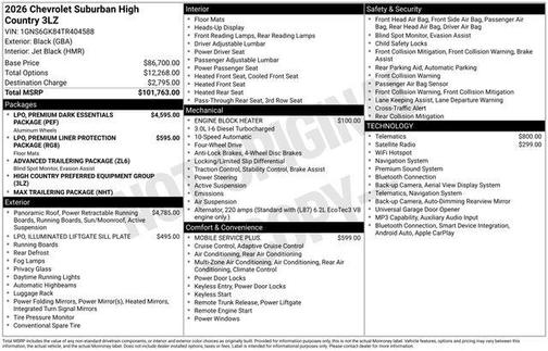 Black 2026 Chevrolet Suburban High Country, 4WD