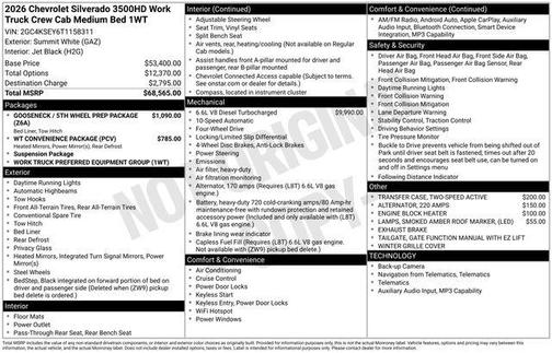 Summit White 2026 Chevrolet Silverado 3500 Crew Cab, Standard Bed, WT, 4WD
