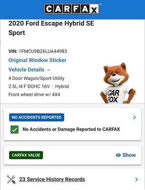 White Metallic 2020 Ford Escape SE Sport Hybrid