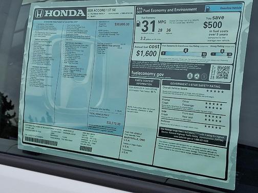 Platinum White Pearl 2026 Honda Accord SE