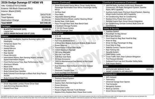 DB Black Crystal Clearcoat 2026 Dodge Durango GT HEMI V8