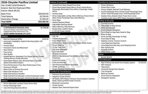 Red 2026 Chrysler Pacifica Limited