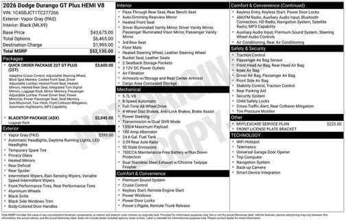Vapor Gray 2026 Dodge Durango GT Plus HEMI V8