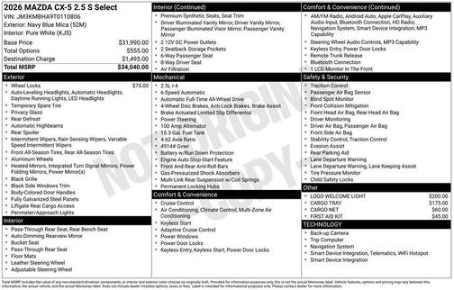 Navy Blue Mica 2026 Mazda CX-5 2.5 S Select Package