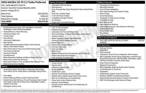 Soul Red Crystal Metallic 2026 Mazda CX-70 3.3 Turbo Preferred