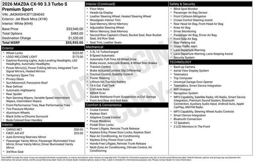 Jet Black Mica 2026 Mazda CX-90 3.3 Turbo S Premium Sport