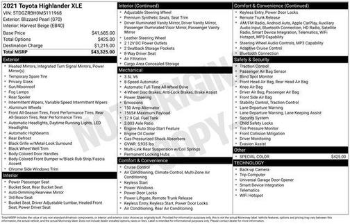 Blizzard Pearl 2021 Toyota Highlander XLE