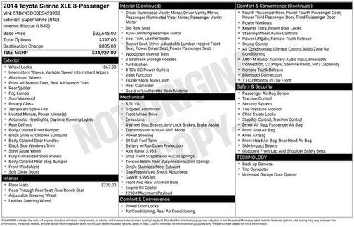 Super White 2014 Toyota Sienna XLE
