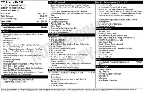 Atomic Silver 2021 Lexus RX 350 Base