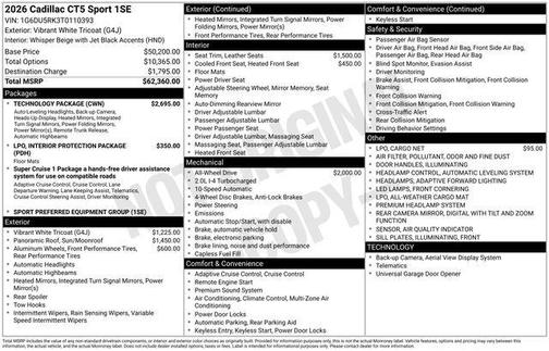 Vibrant White Tricoat 2026 Cadillac CT5 Sport