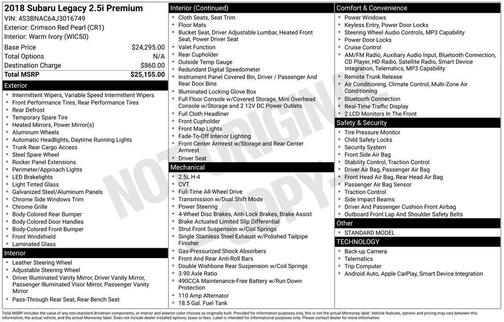 Crimson Red Pearl 2018 Subaru Legacy 2.5i Premium