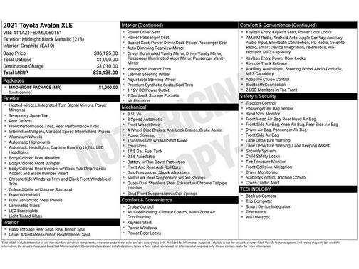 Midnight Black Metallic 2021 Toyota Avalon XLE