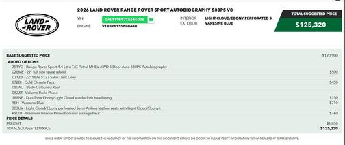 Varesine Blue Metallic 2026 Land Rover Range Rover Sport Autobiography