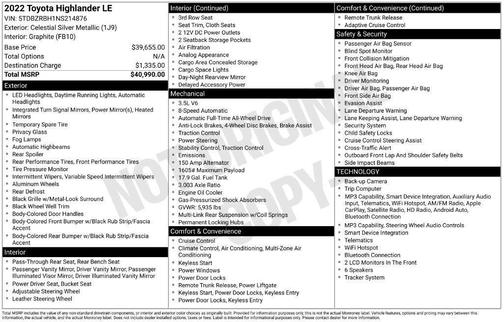 Celestial Silver Metallic 2022 Toyota Highlander LE