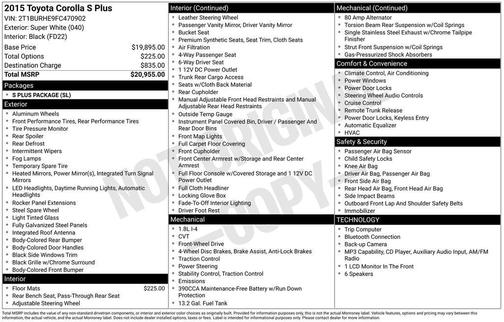 Super White 2015 Toyota Corolla S Plus