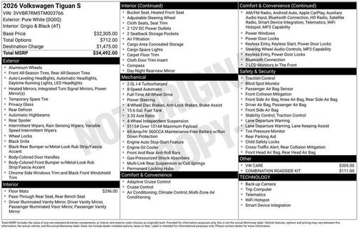 Pure White 2026 Volkswagen Tiguan 2.0T S 4MOTION