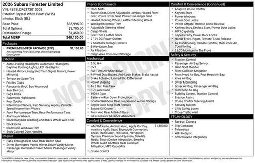 Crystal White Pearl 2026 Subaru Forester Limited