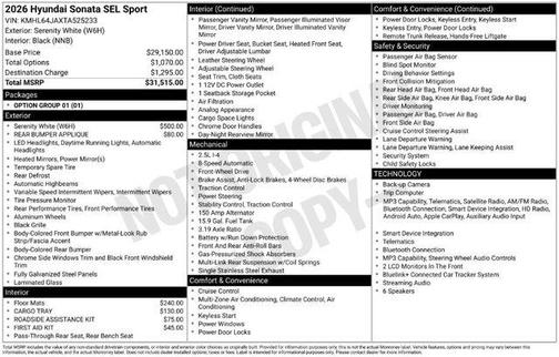 White 2026 Hyundai SONATA SEL Sport