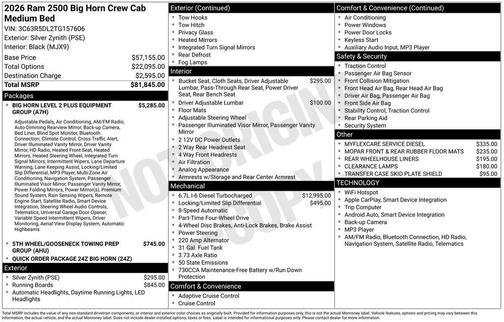 Silver Zynith 2026 RAM 2500 Big Horn