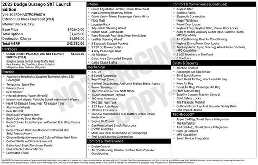 DB Black Clearcoat 2023 Dodge Durango SXT Launch Edition RWD