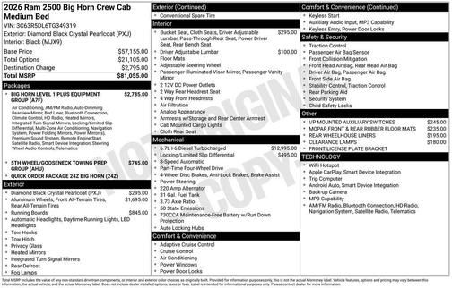 Diamond Black Crystal Pearlcoat 2026 RAM 2500 Big Horn Crew Cab 4x4 6'4' Box